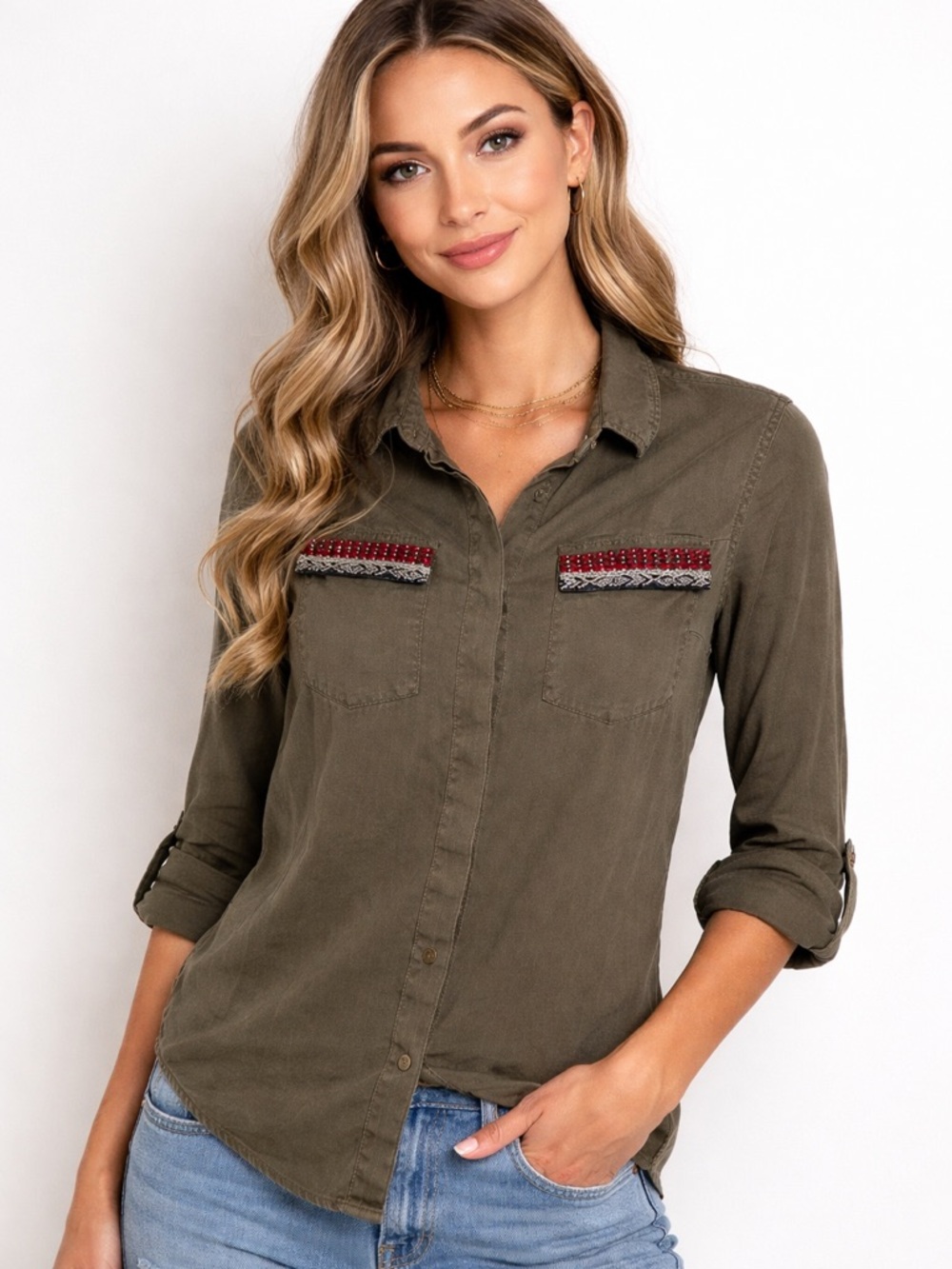 Papaya Button Up Front Embroidered Pocket Trim Office Casual Olive Green Sz 8